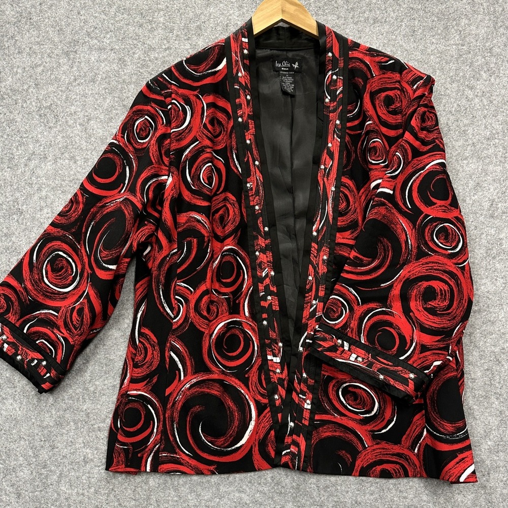 Ivy Chic Open Front Jacket Women's Size 2X Red Black Abstract Swirl Studded Trim